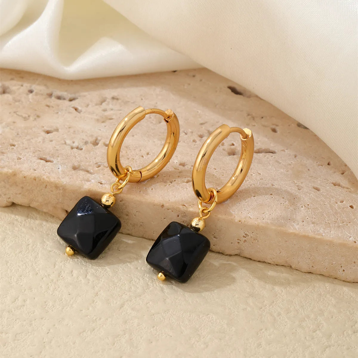 1 Pair Simple Style Square Plating Stainless Steel Natural Stone Gold Plated Drop Earrings