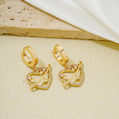 1 Pair Simple Style Star Heart Shape Plating Hollow Out Inlay Copper Zircon Gold Plated Drop Earrings