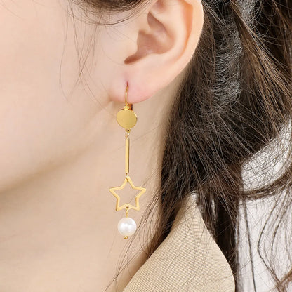 1 Pair Simple Style Star Inlay 304 Stainless Steel Pearl Drop Earrings