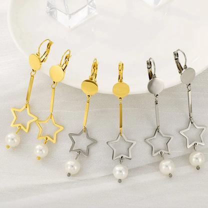 1 Pair Simple Style Star Inlay 304 Stainless Steel Pearl Drop Earrings