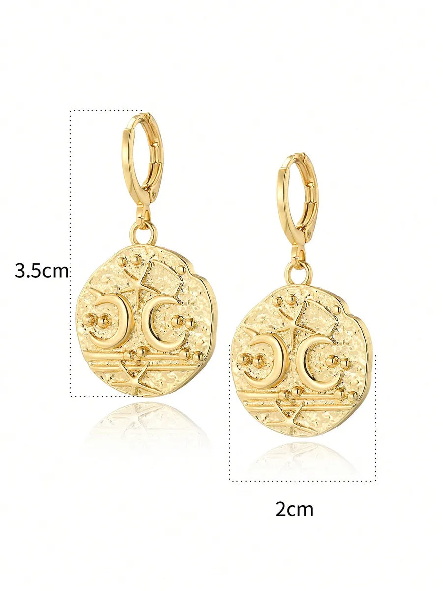 1 Pair Simple Style Star Moon Cherry Inlay Carving Copper Zircon 18K Gold Plated Drop Earrings