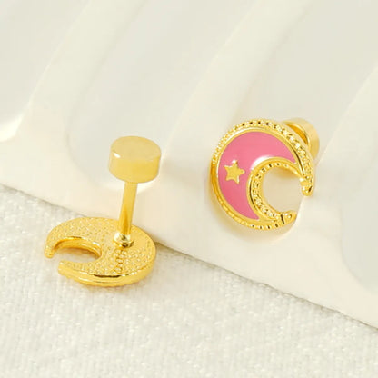 1 Pair Simple Style Star Moon Polishing Plating Stainless Steel Titanium Steel 18K Gold Plated Ear Studs