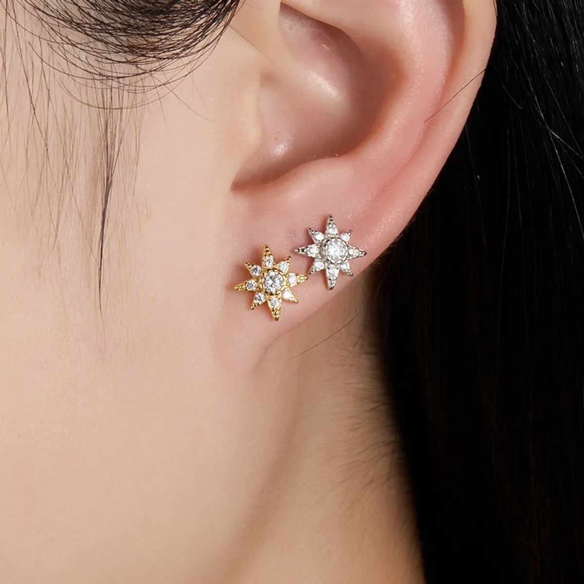 1 Pair Simple Style Star Plating Inlay Sterling Silver Zircon 18k Gold Plated White Gold Plated Ear Studs