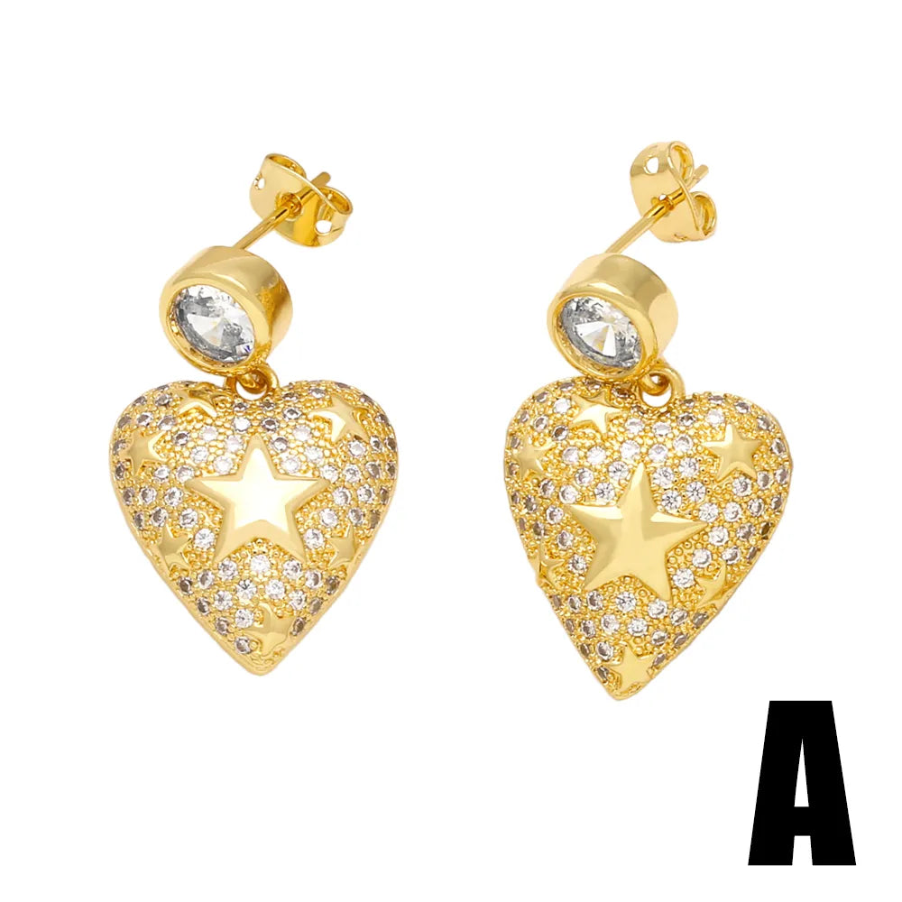 1 Pair Simple Style Streetwear Heart Shape Plating Inlay Copper Zircon 18k Gold Plated Drop Earrings