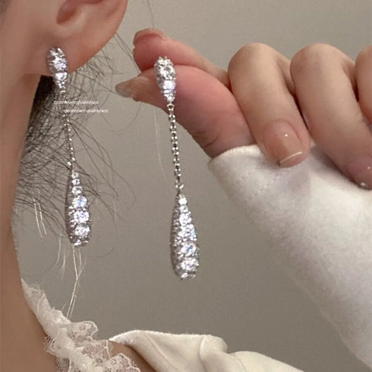 1 Pair Simple Style Streetwear Water Droplets Tassel Chain Inlay Copper Zircon Drop Earrings