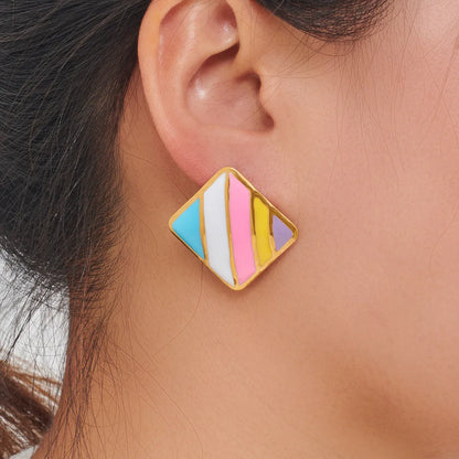 1 Pair Simple Style Stripe Rhombus Enamel 304 Stainless Steel 18K Gold Plated Ear Studs