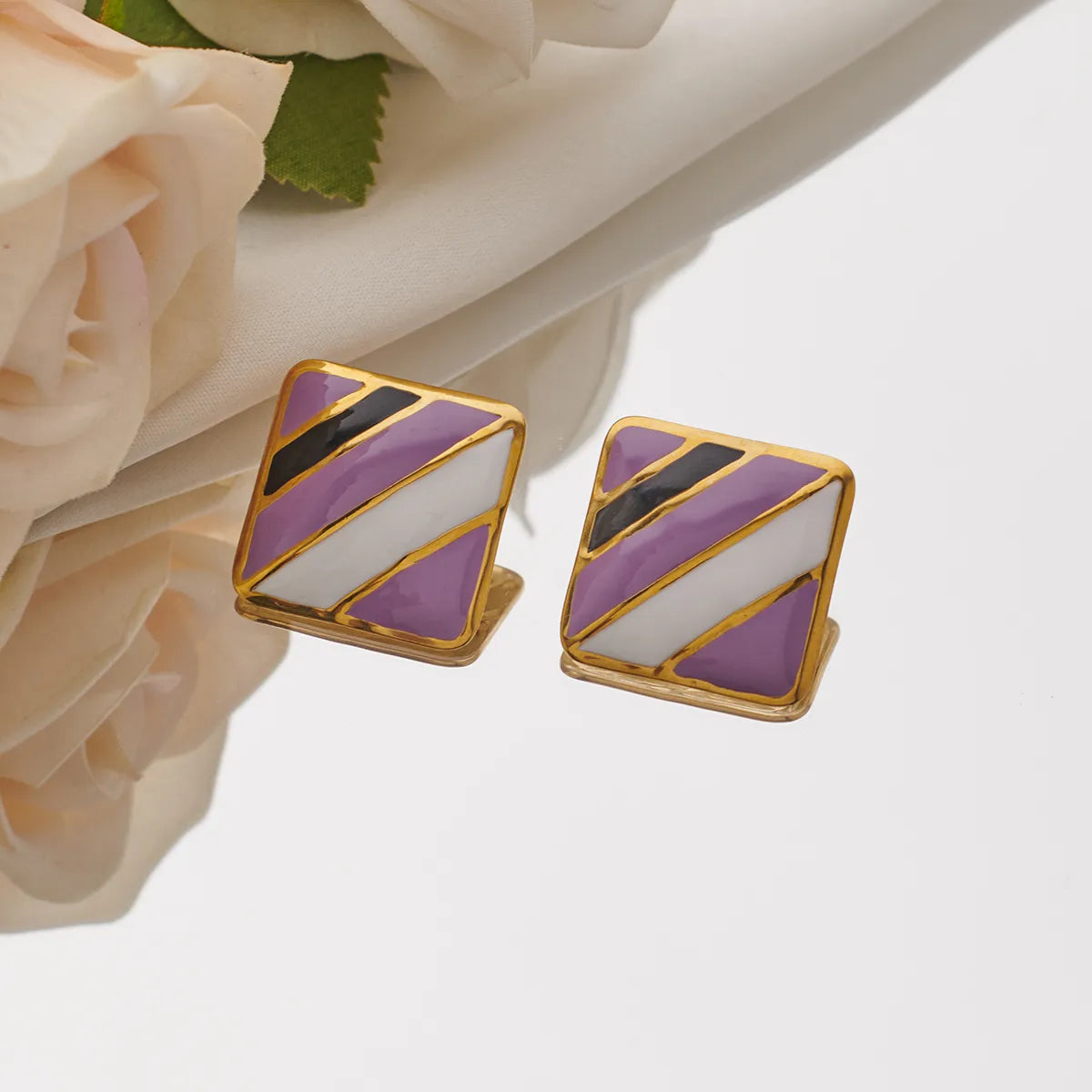 1 Pair Simple Style Stripe Rhombus Enamel 304 Stainless Steel 18K Gold Plated Ear Studs