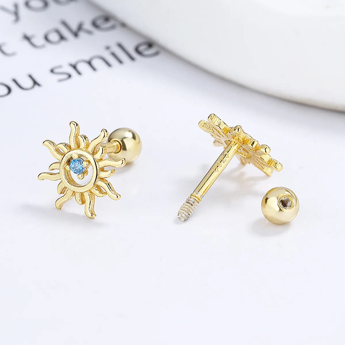 1 Pair Simple Style Sun Inlay Sterling Silver Gem Ear Studs