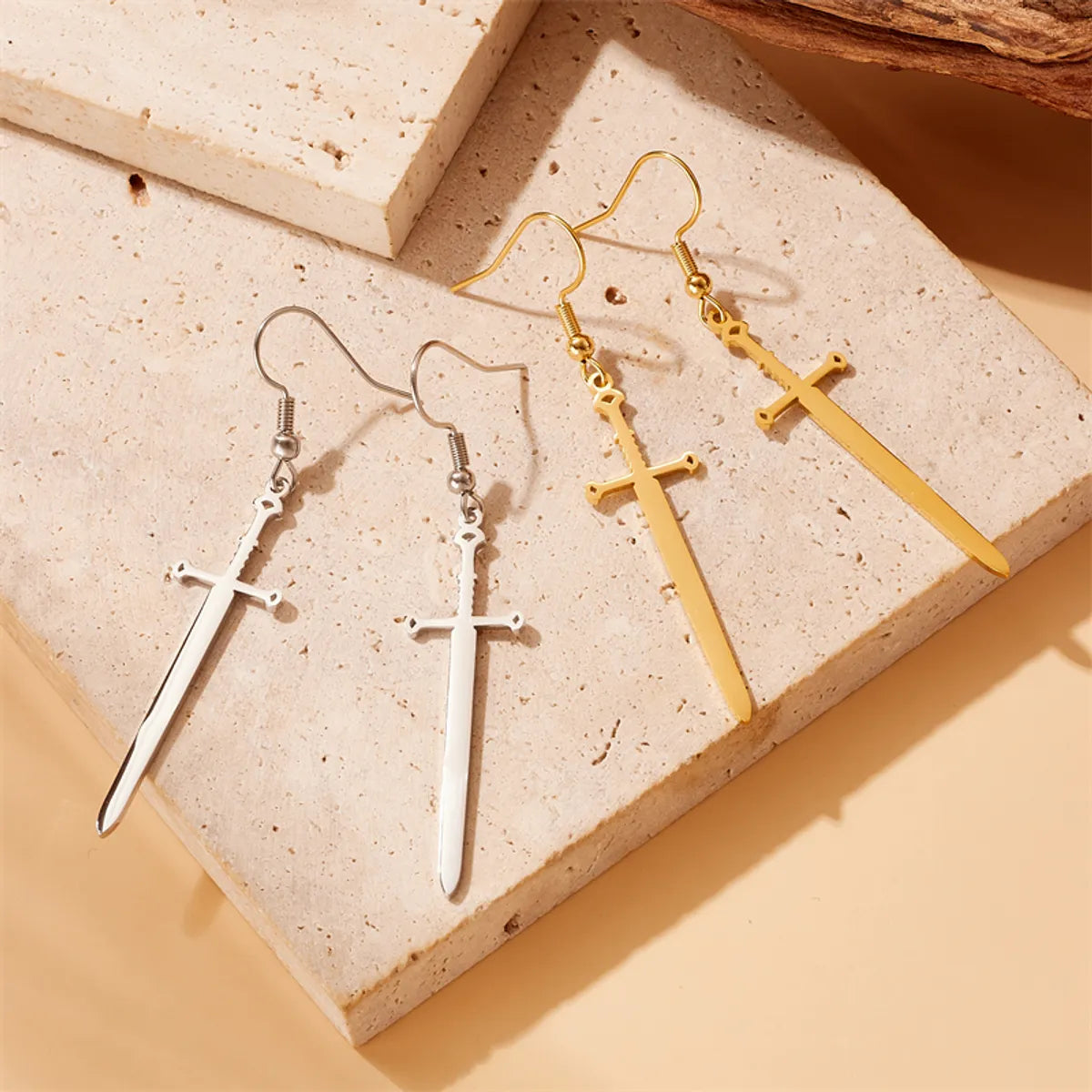 1 Pair Simple Style Sword Plating Titanium Steel 18k Gold Plated Drop Earrings