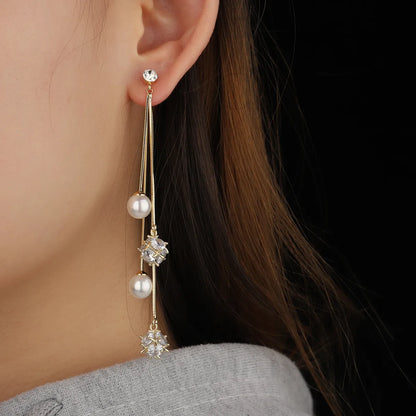 1 Pair Simple Style Tassel Inlay Copper Artificial Pearls Zircon Drop Earrings