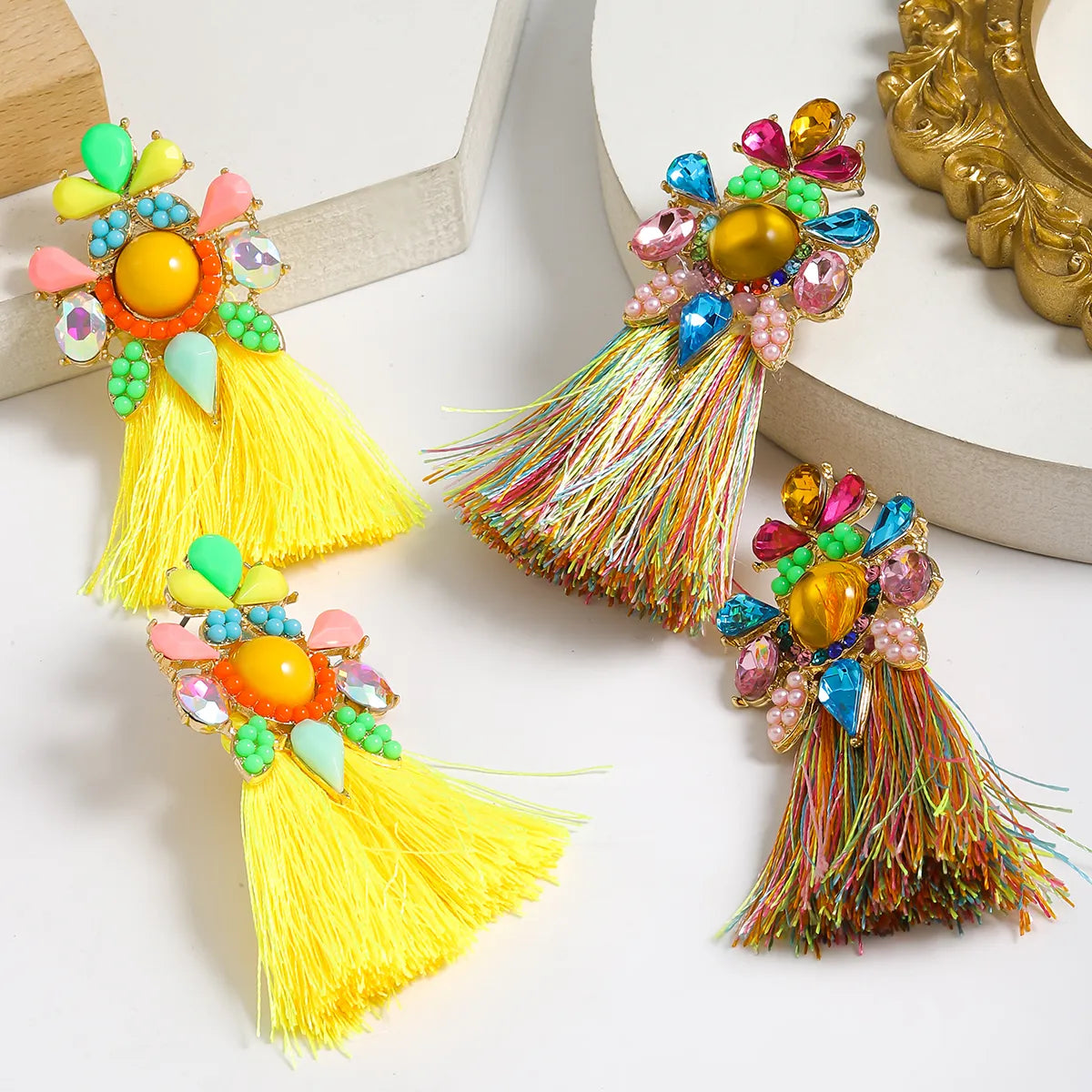 1 Pair Simple Style Tassel Plating Alloy Rhinestones K Gold Plated Drop Earrings