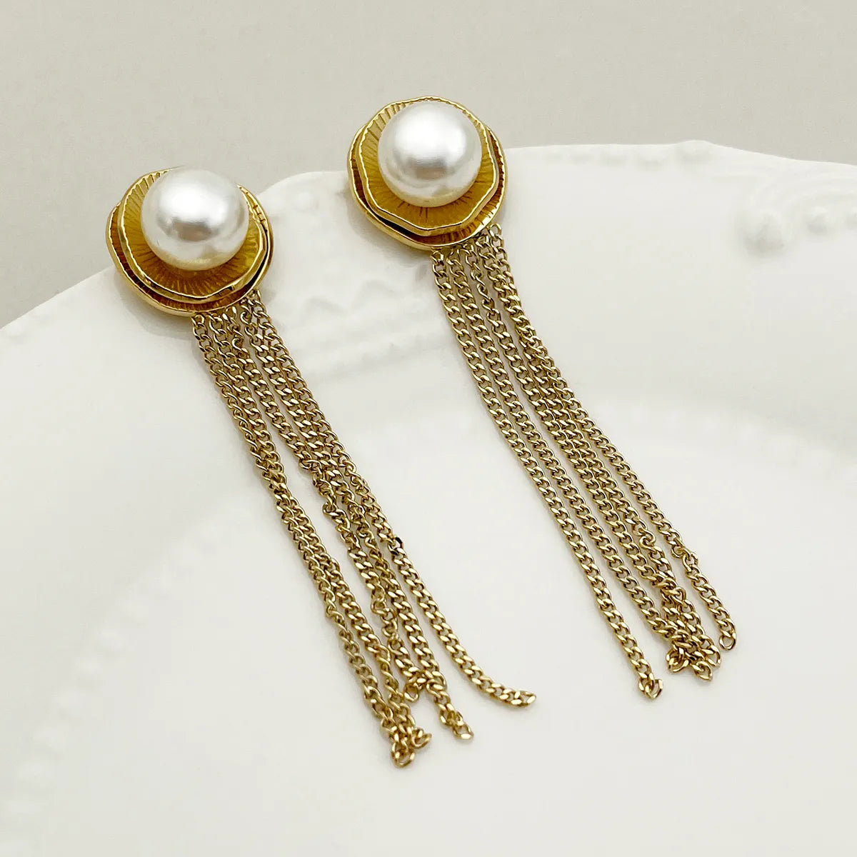 1 Pair Simple Style Tassel Plating Inlay Stainless Steel Artificial Pearls Gold Plated Drop Earrings