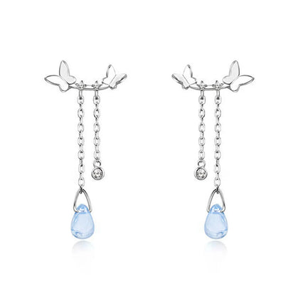 1 Pair Simple Style Water Droplets Butterfly Plating Inlay Sterling Silver Moonstone White Gold Plated Drop Earrings