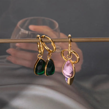 1 Pair Simple Style Water Droplets Plating Inlay Stainless Steel Birthstone 18k Gold Plated Drop Earrings