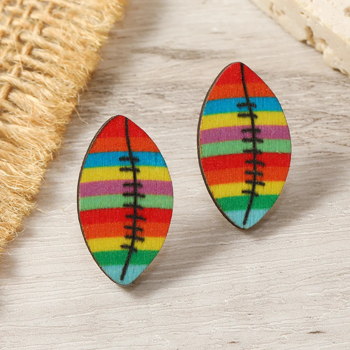 1 Pair Sports Rugby Painted Wood Ear Studs