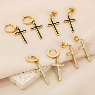 1 Pair Streetwear Cross Inlay Stainless Steel Zircon 18K Gold Plated Drop Earrings