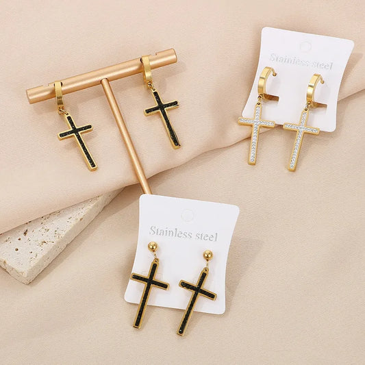 1 Pair Streetwear Cross Inlay Stainless Steel Zircon 18K Gold Plated Drop Earrings