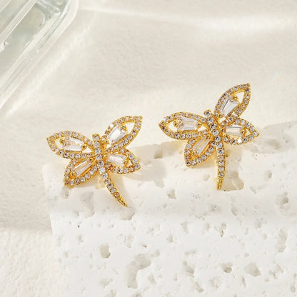 1 Pair Streetwear Dragonfly Plating Inlay Copper Zircon 18K Gold Plated Ear Studs