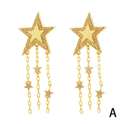 1 Pair Streetwear Shiny Star Plating Inlay Copper Zircon 18k Gold Plated Drop Earrings