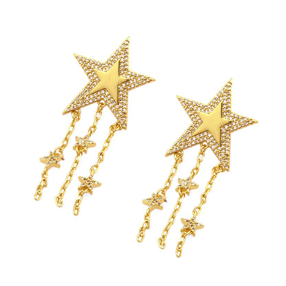 1 Pair Streetwear Shiny Star Plating Inlay Copper Zircon 18k Gold Plated Drop Earrings