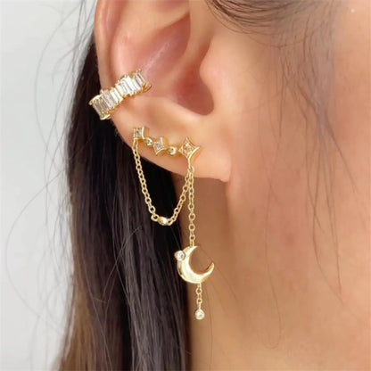 1 Pair Streetwear Star Moon Inlay Sterling Silver Zircon Gold Plated Ear Cuffs