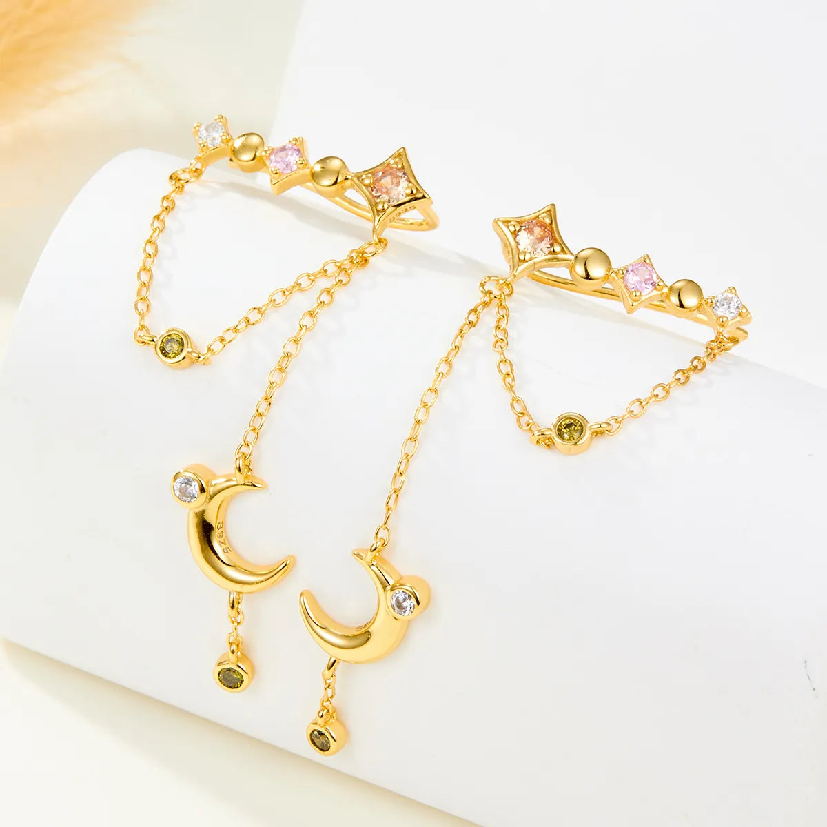 1 Pair Streetwear Star Moon Inlay Sterling Silver Zircon Gold Plated Ear Cuffs