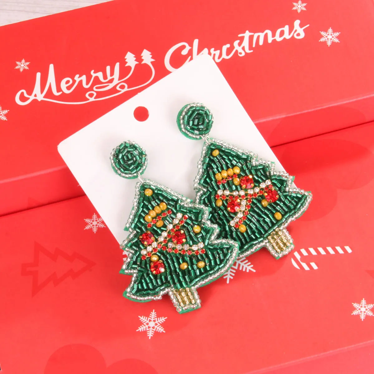 1 Pair Sweet Artistic Christmas Tree Asymmetrical Beaded Handmade Cloth Glass Drop Earrings