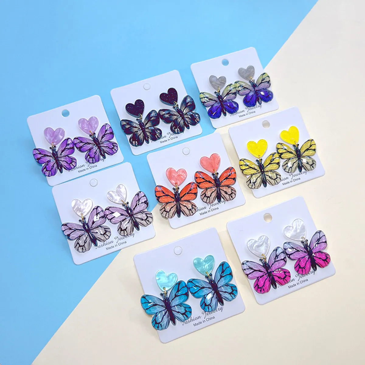 1 Pair Sweet Artistic Gradient Color Heart Shape Butterfly Printing Arylic Drop Earrings