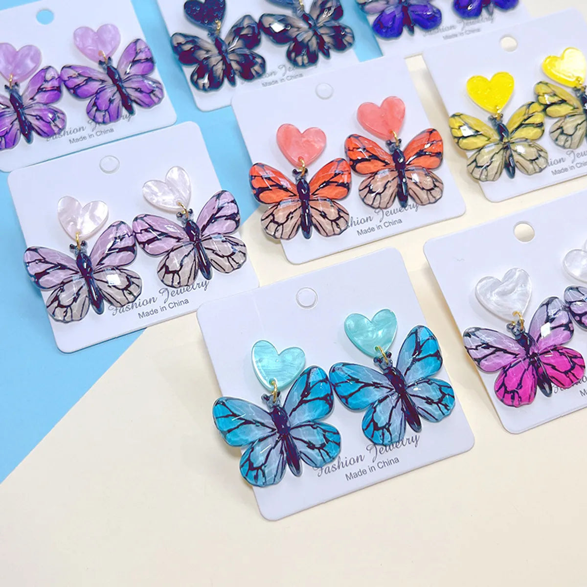 1 Pair Sweet Artistic Gradient Color Heart Shape Butterfly Printing Arylic Drop Earrings