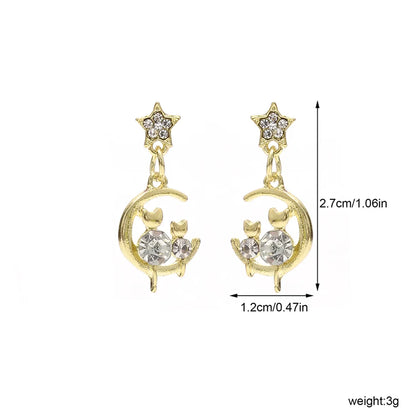 1 Pair Sweet Artistic Star Moon Cat Three-dimensional Hollow Out Inlay Alloy Artificial Diamond Drop Earrings