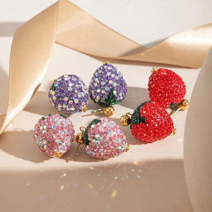 1 Pair Sweet Artistic Strawberry Inlay 304 Stainless Steel Rhinestones 18K Gold Plated Drop Earrings