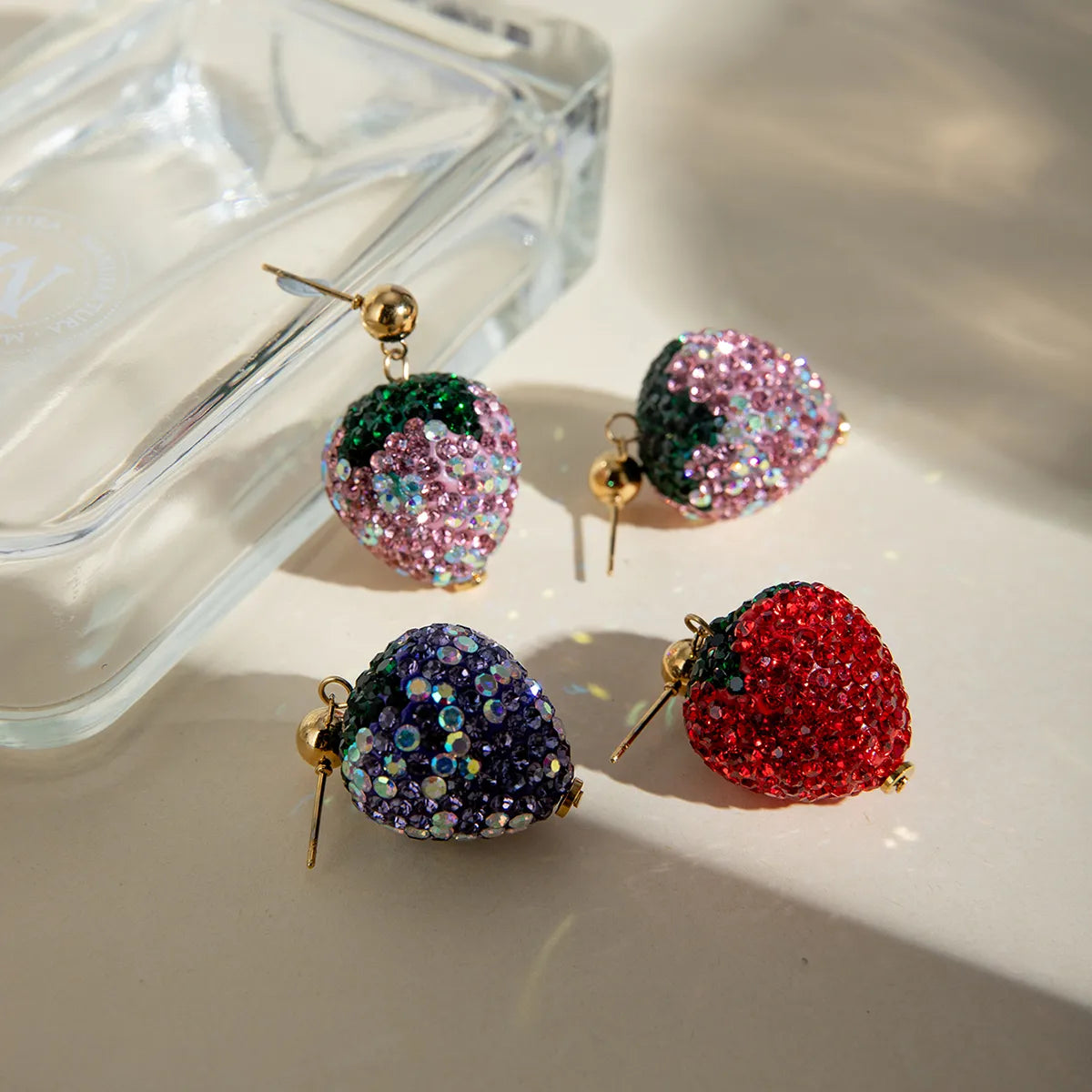 1 Pair Sweet Artistic Strawberry Inlay 304 Stainless Steel Rhinestones 18K Gold Plated Drop Earrings