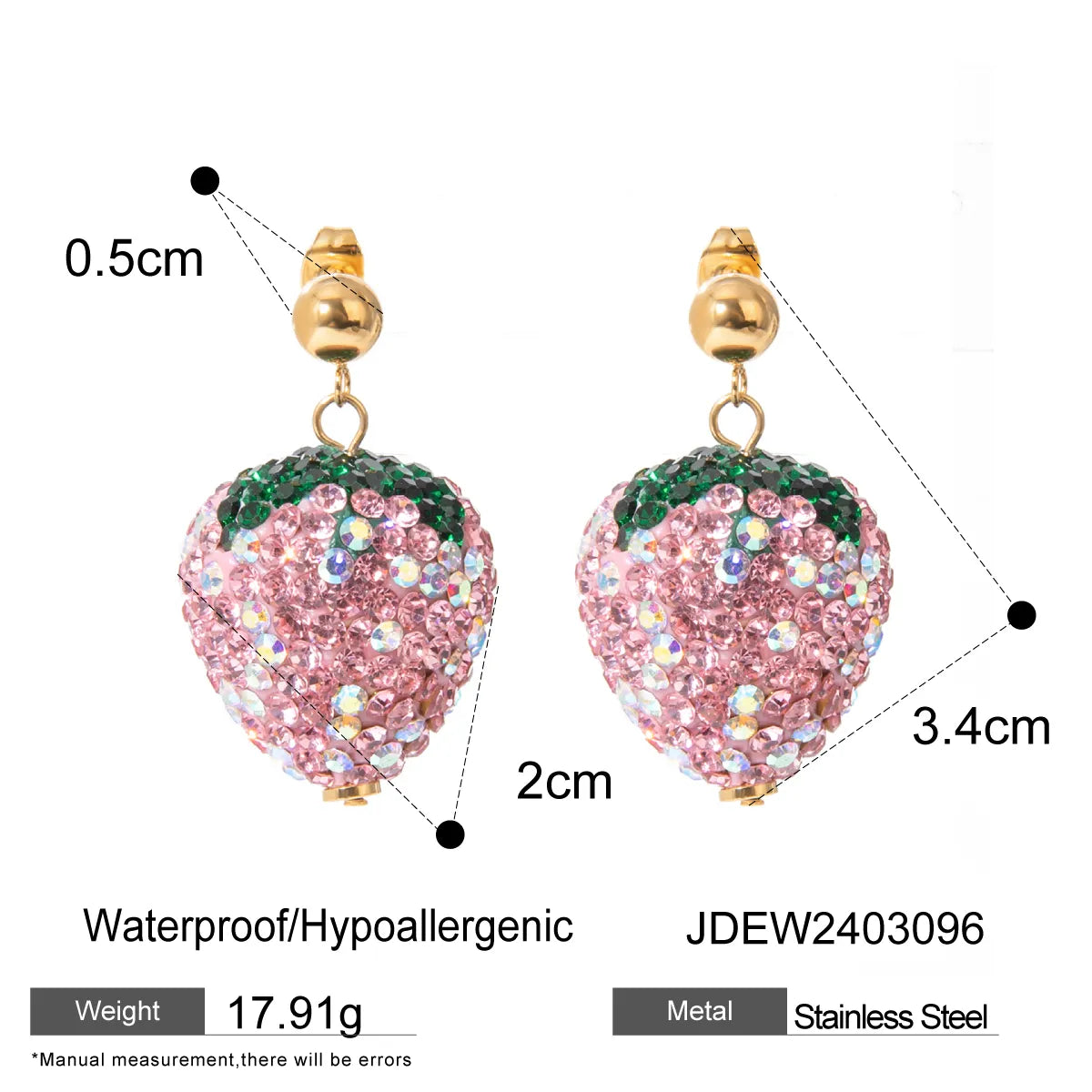 1 Pair Sweet Artistic Strawberry Inlay 304 Stainless Steel Rhinestones 18K Gold Plated Drop Earrings