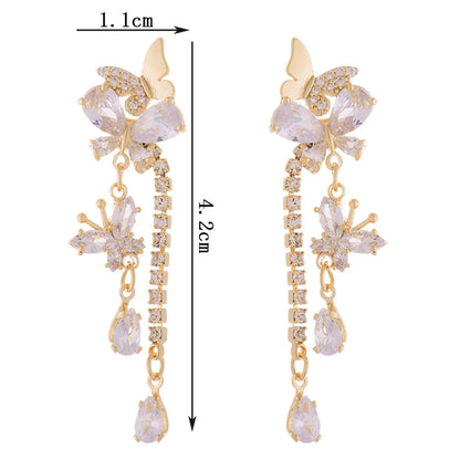 1 Pair Sweet Artistic Water Droplets Butterfly Plating Inlay Copper Zircon 14k Gold Plated Drop Earrings