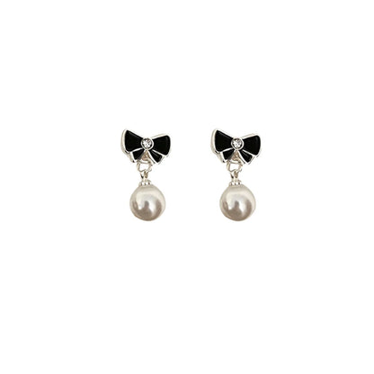 1 Pair Sweet Bow Knot Enamel Imitation Pearl Alloy Drop Earrings