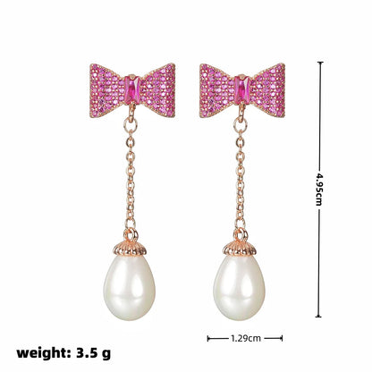 1 Pair Sweet Bow Knot Plating Gem Brass Artificial Gemstones Zircon Rose Gold Plated White Gold Plated Drop Earrings