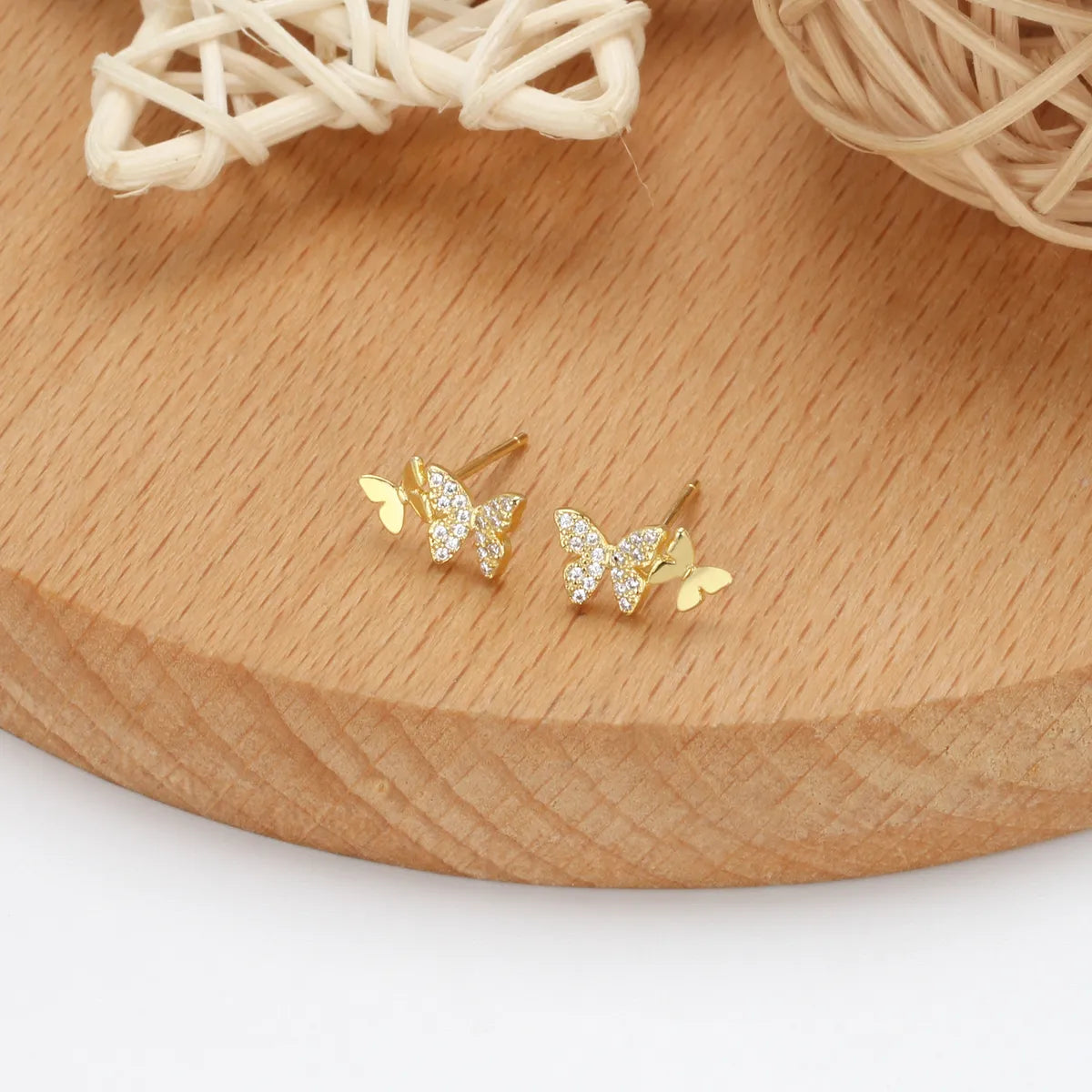 1 Pair Sweet Butterfly Inlay Sterling Silver Rhinestones Ear Studs