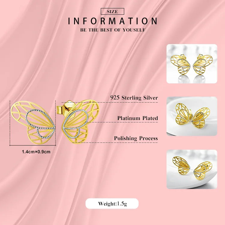 1 Pair Sweet Butterfly Sterling Silver Plating Hollow Out 14k Gold Plated Silver Plated Ear Studs