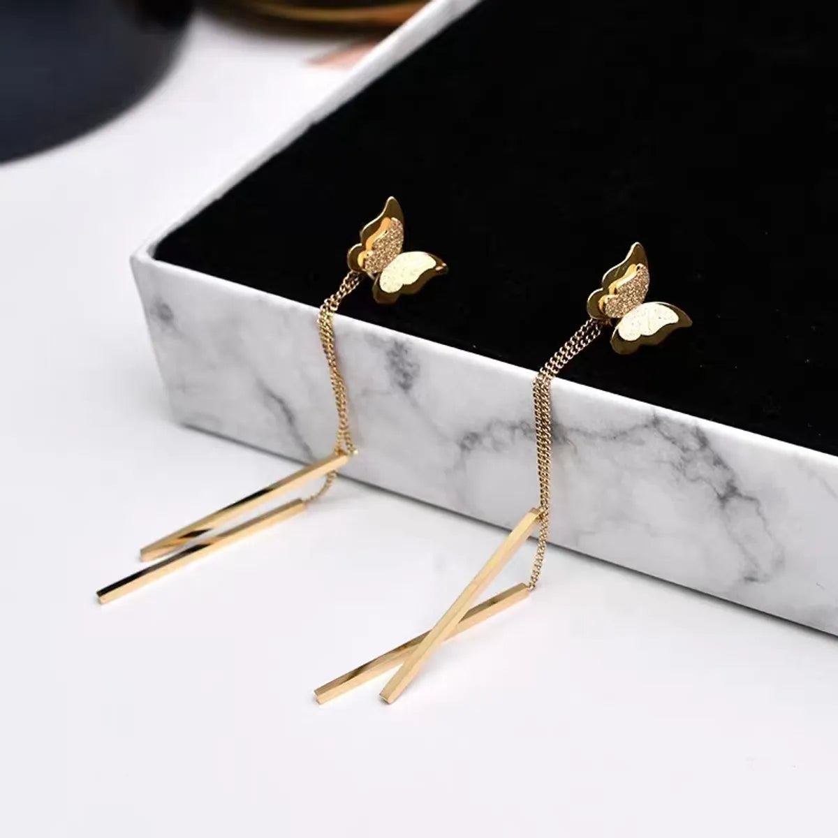 1 Pair Sweet Butterfly Tassel Plating Titanium Steel 18K Gold Plated Drop Earrings