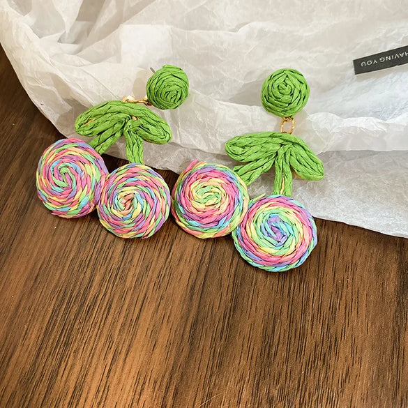 1 Pair Sweet Cherry Knitting Alloy Raffia Drop Earrings