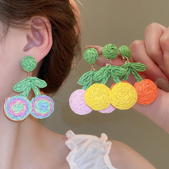 1 Pair Sweet Cherry Knitting Alloy Raffia Drop Earrings
