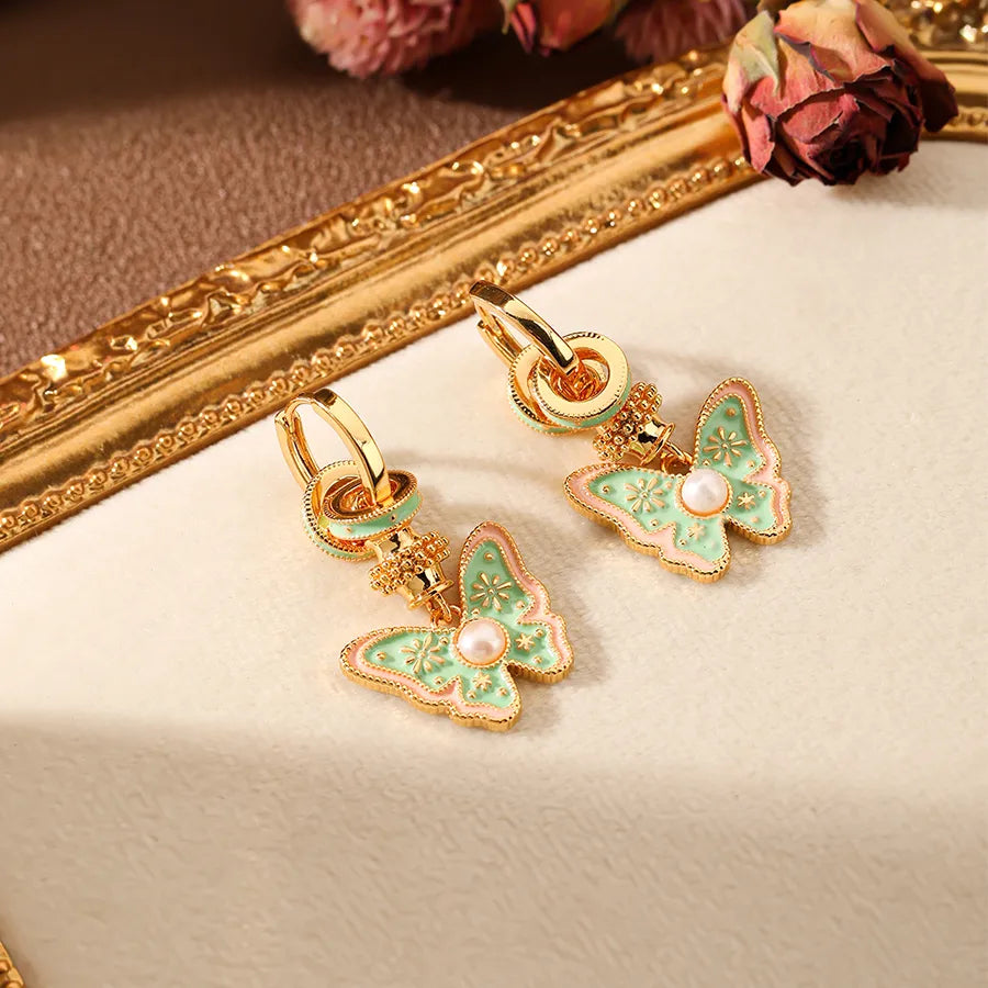 1 Pair Sweet Classic Style Commute Butterfly Enamel Inlay Copper Artificial Pearls 18K Gold Plated Drop Earrings