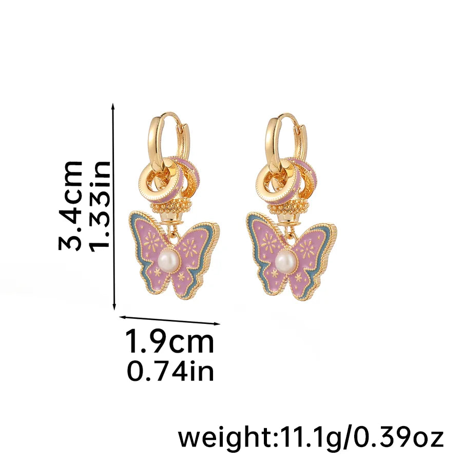 1 Pair Sweet Classic Style Commute Butterfly Enamel Inlay Copper Artificial Pearls 18K Gold Plated Drop Earrings