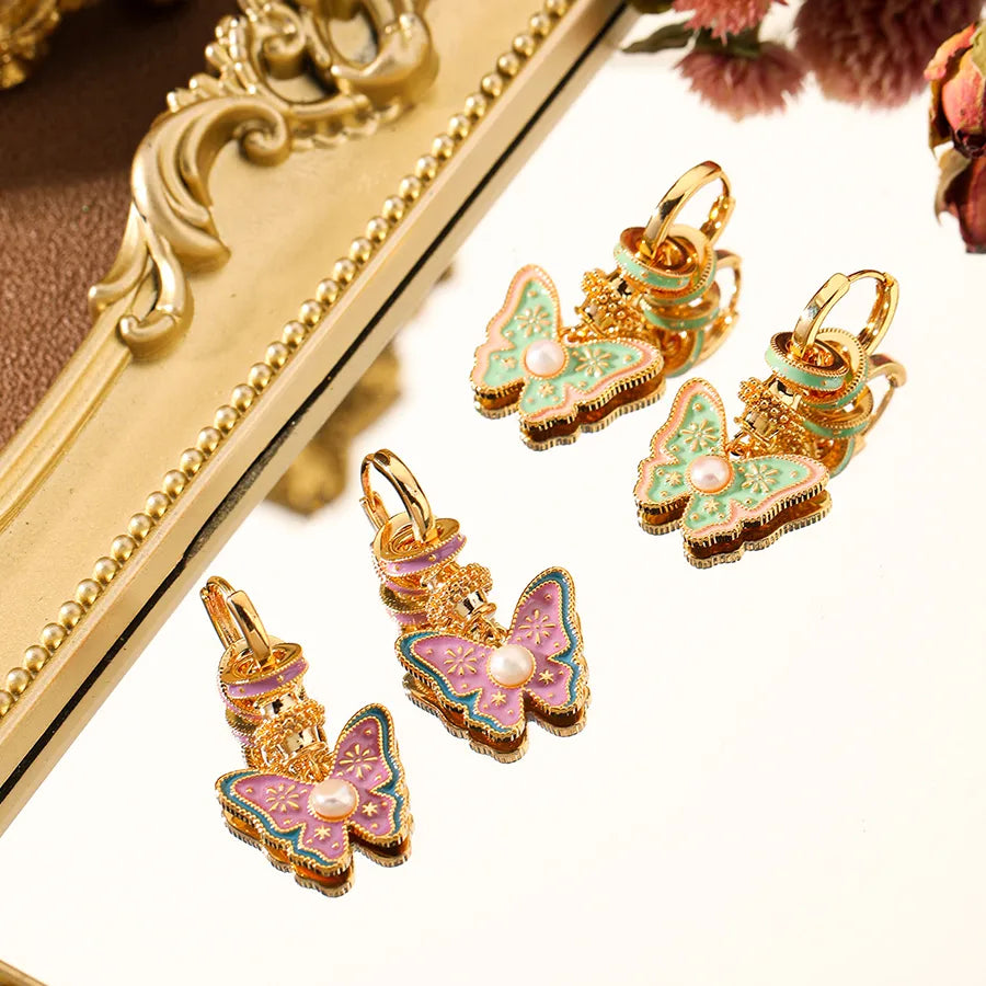 1 Pair Sweet Classic Style Commute Butterfly Enamel Inlay Copper Artificial Pearls 18K Gold Plated Drop Earrings