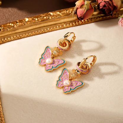 1 Pair Sweet Classic Style Commute Butterfly Enamel Inlay Copper Artificial Pearls 18K Gold Plated Drop Earrings