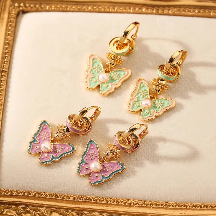 1 Pair Sweet Classic Style Commute Butterfly Enamel Inlay Copper Artificial Pearls 18K Gold Plated Drop Earrings