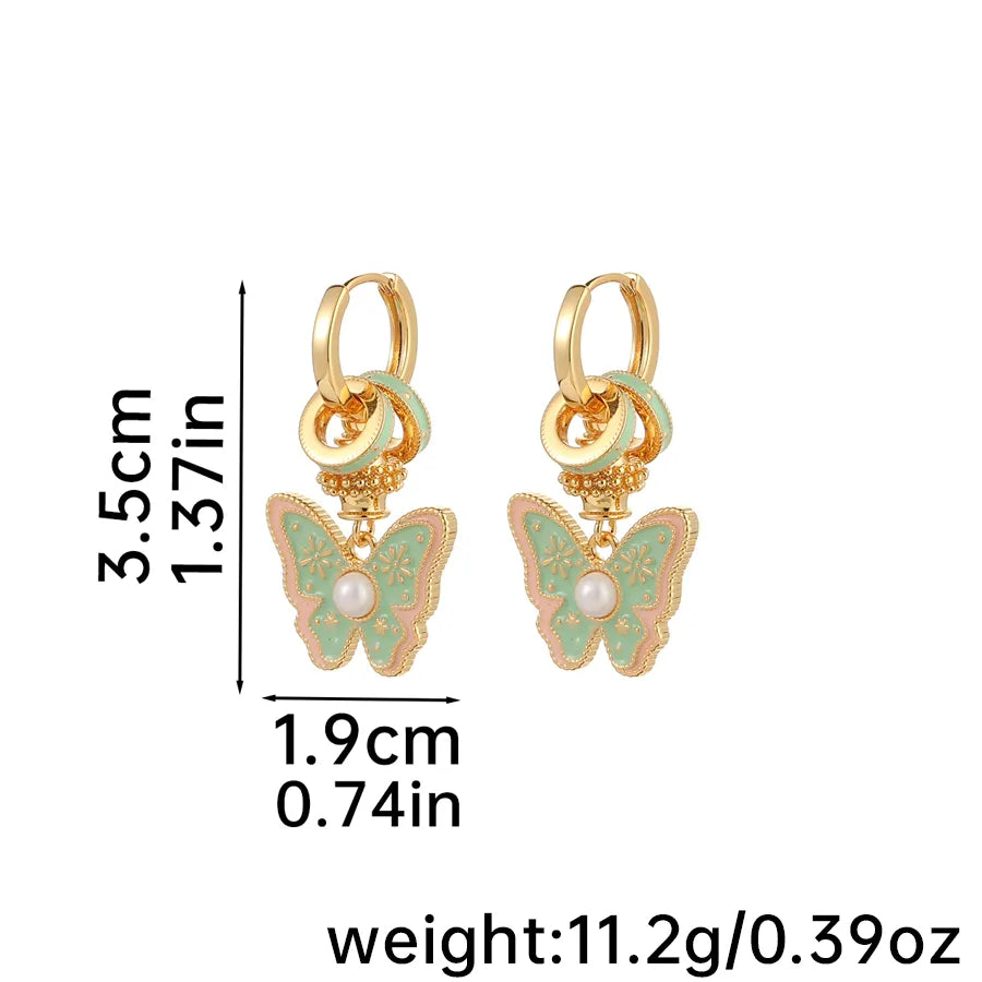 1 Pair Sweet Classic Style Commute Butterfly Enamel Inlay Copper Artificial Pearls 18K Gold Plated Drop Earrings