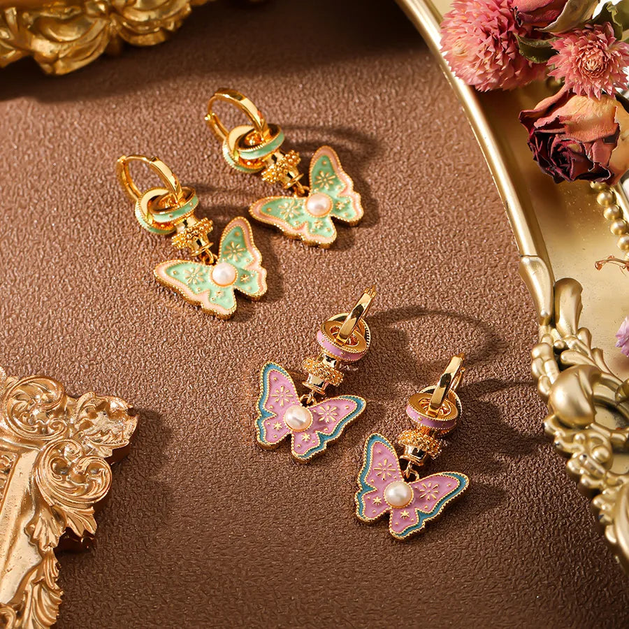 1 Pair Sweet Classic Style Commute Butterfly Enamel Inlay Copper Artificial Pearls 18K Gold Plated Drop Earrings