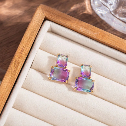 1 Pair Sweet Colorful Square Inlay Copper Crystal Drop Earrings