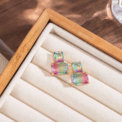 1 Pair Sweet Colorful Square Inlay Copper Crystal Drop Earrings